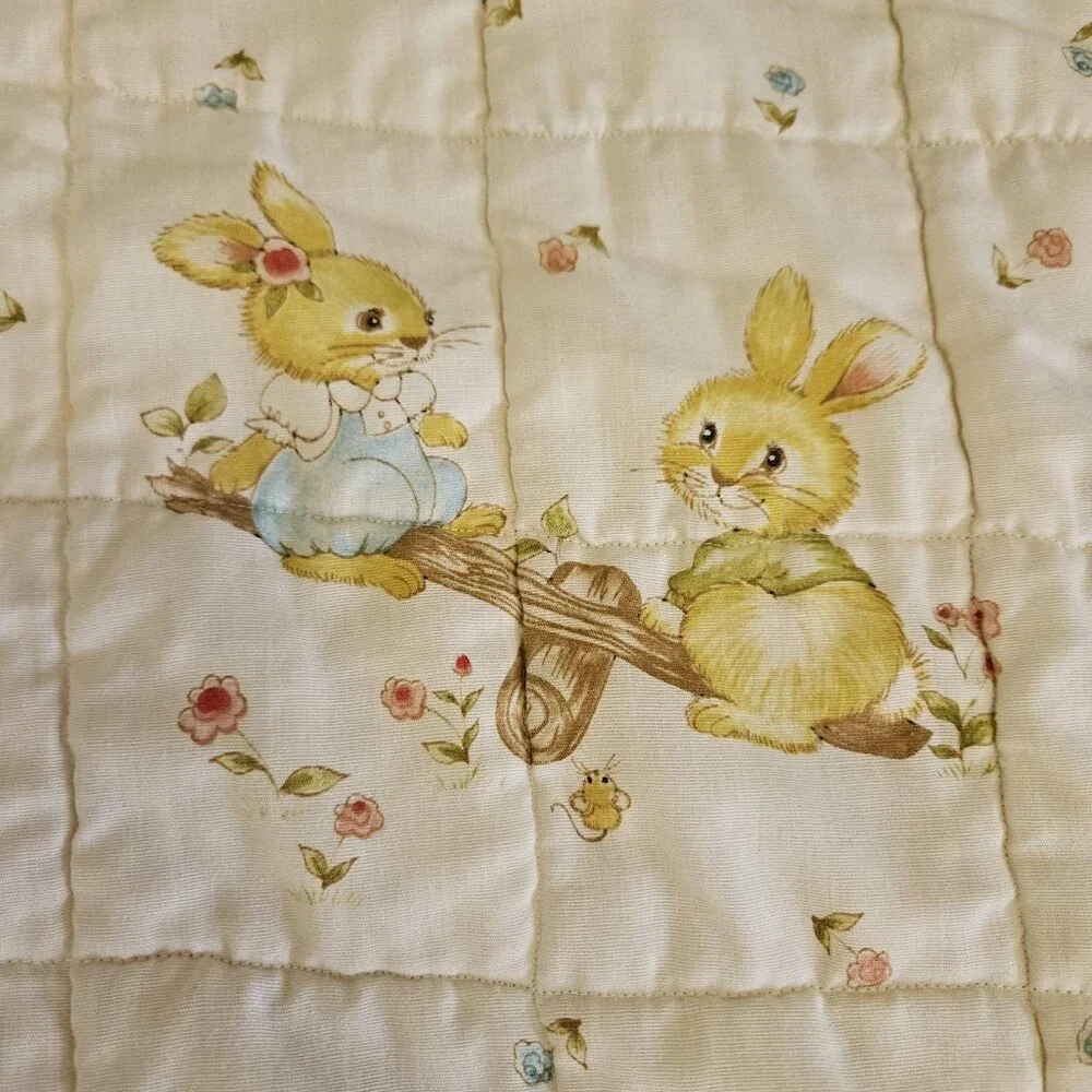 Vint Baby Quilt Blanket Bunny Rabbit Crib Nursery Pink Ruffle Reversible 54x41